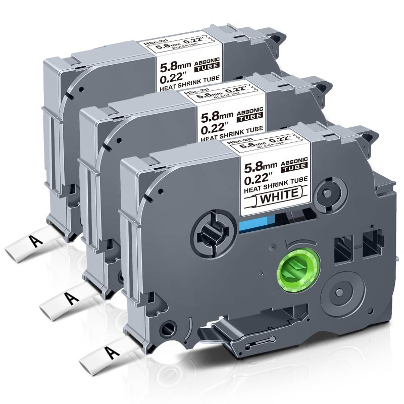 Absonic 3-Pack Hse211 5.8mm Black on White Label Tape Compatible for Brother Hse-211 Hs-211 Hs211 P Touch Heat Shrink Tubing Tape Hse Label 1/4 inch for PT-D220 PT-D210 PT-E500 PT-E300 PT-E550W - Image 1